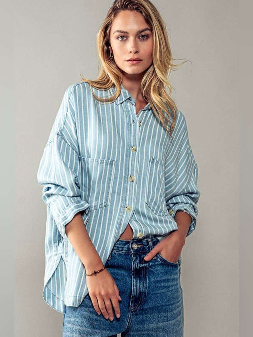 Blu Pepper Light Blue Horizon Striped Pocket Button-Down Jean Shirt Large NWT
